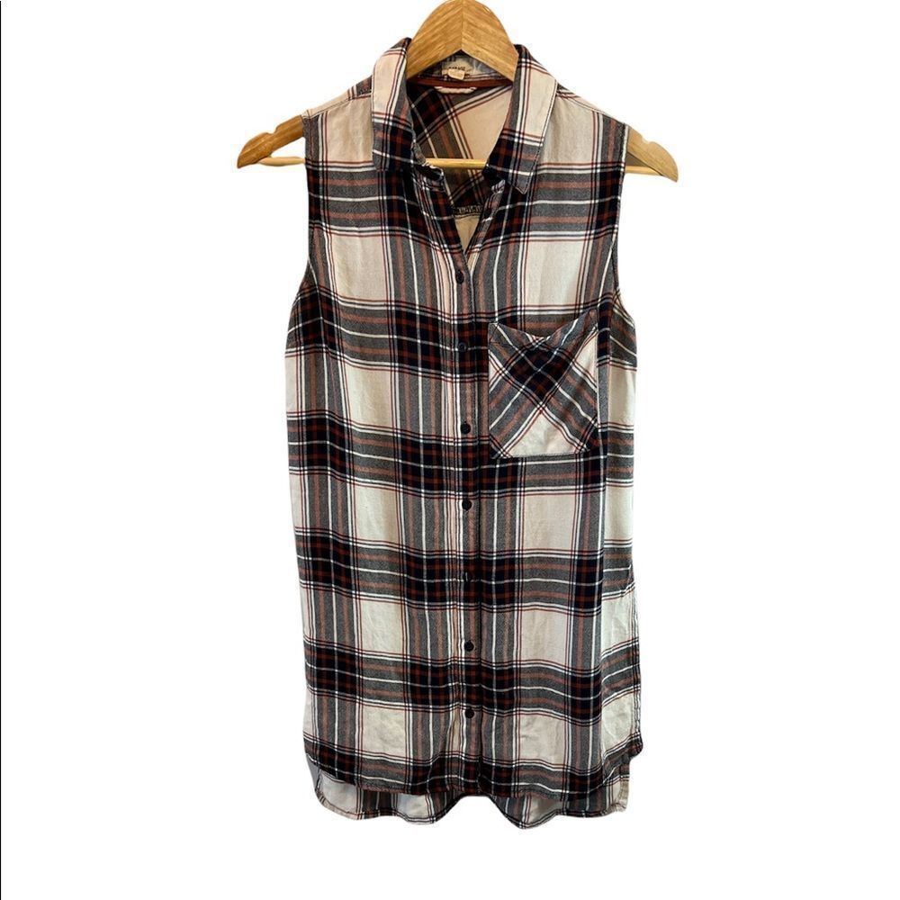 GARAGE Plaid Cream&Red Sleeveless Collared Button Up Side Slit Tunic Top S